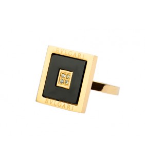 Bvlgari Square Ring in 18kt Yellow Gold with Black Onyx and Pave