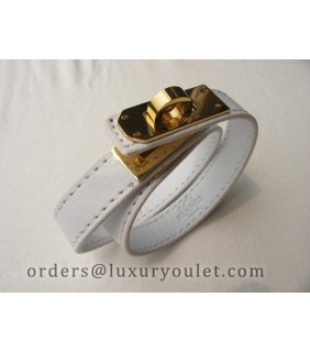 Hermes Kelly Dog Double White Leather Bracelet,Rose Gold Hardware