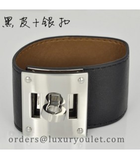 Hermes Kelly Dog Black Leather KD Bracelet Cuff Palladium HW