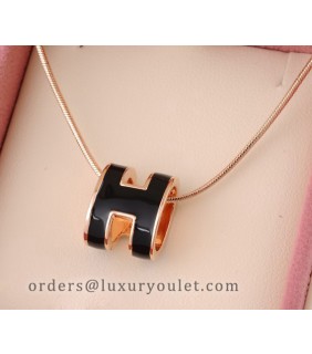 Hermes Black H Logo Charm Necklace in 18kt Pink Gold