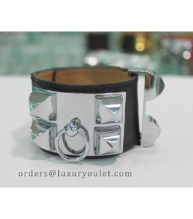 Hermes Kelly Dog Bracelet,Black Leather and White Gold Cuff