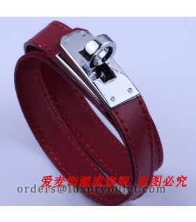 Hermes Kelly Dog Double Red Leather Bracelet,Silver Hardware