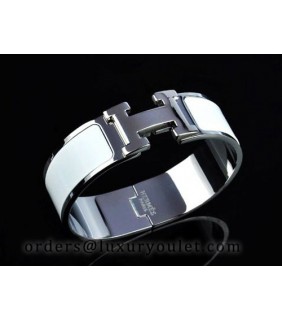 Hermes Clic Clac H Bracelet White Enamel and 18K White Gold,Medium