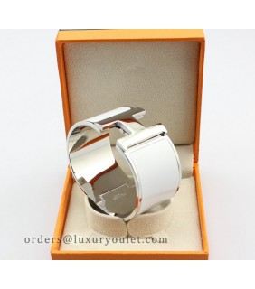 Hermes Clic Clac H Bracelet White Enamel & 18kt White Gold,Wide