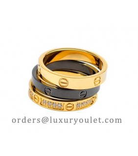 Cartier Three Bands LOVE Ring in Black Ceramic and 18kt Yellow Gold with Pave Diamonds