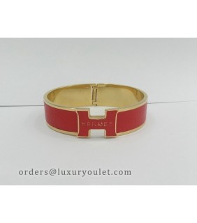 Hermes Clic Clac H Bracelet in 18kt Yellow Gold with Rose Leather,Narrow