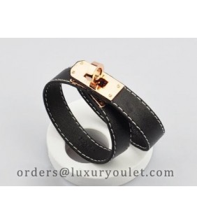 Hermes Kelly Dog Double Black Leather Bracelet,Rose Gold Hardware