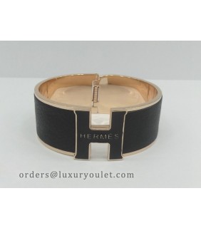 Hermes Vintage Clic Clac H Bracelet in 18kt Pink Gold with Black Leather,Wide