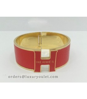 Hermes Vintage Clic Clac H Bracelet in 18kt Yellow Gold with Rose Leather,Wide
