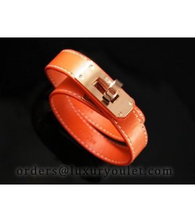 Hermes Kelly Dog Double Orange Leather Bracelet,Rose Gold Hardware