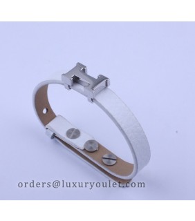 Hermes White Leather With White Gold H Logo Charm Bracelet