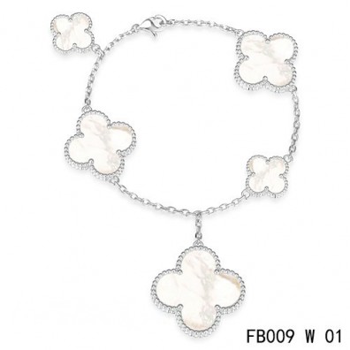 Van Cleef & Arpels Magic Alhambra White Gold Bracelet 5 Motifs White Mother of Pearl
