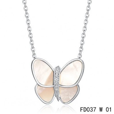 Van Cleef & Arpels Flying Butterfly Pendant,White Gold,White Mother-of-pearl