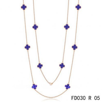 Van Cleef & Arpels Vintage Alhambra 10 Motifs Lapis lazuli Long Necklace Pink Gold