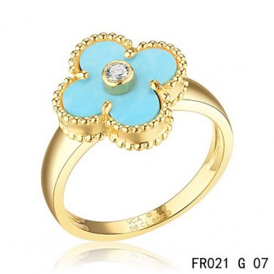 Van Cleef & Arpels Yellow Gold Vintage Alhambra Ring Turquoise with Diamond