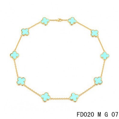 Van Cleef Arpels Vintage Alhambra Necklace Yellow Gold 10 Motifs Turquoise