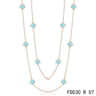 Van Cleef & Arpels Vintage Alhambra 10 Motifs Turquoise Long Necklace Pink Gold