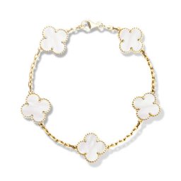 Vintage copie Van Cleef & Arpels Alhambra bracelet or jaune 5 motifs nacre blanche de perle