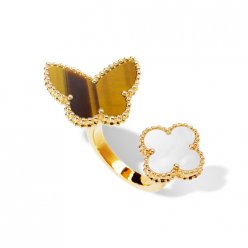 Lucky Replik Van Cleef & Arpels Alhambra Schmetterling Zwischen dem Finger gelbes Gold Ring Weiße Perlmutter und Tigerauge