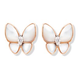 fake Van Cleef & Arpels Butterfly pink gold earrings white mother-of-pearl and marquise-cut diamonds