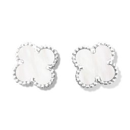 Sweet imitation Van Cleef & Arpels Alhambra Clover white gold earrings white and gray mother-of-pearl
