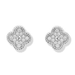 Sweet replique Van Cleef & Arpels Alhambra or blanc boucles d'oreilles diamants ronds