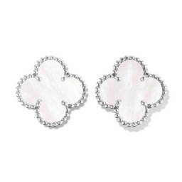 Vintage imitation Van Cleef & Arpels Alhambra or blanc boucles d'oreilles nacre blanche de perle
