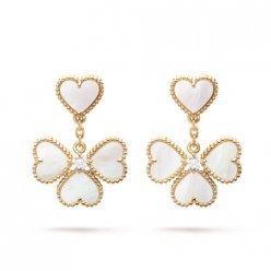 Sweet imitation Van Cleef & Arpels Alhambra effeuillage yellow gold earrings white mother-of-pearl round diamond