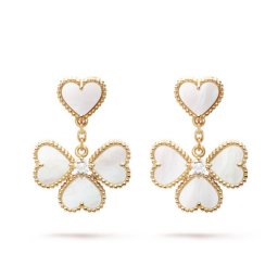 Sweet imitazione Van Cleef & Arpels Alhambra effeuillage giallo oro orecchini bianco madre-perla diamante rotondo