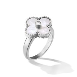 Vintage copy Van Cleef & Arpels Alhambra white gold Ring white mother-of-pearl with round diamond
