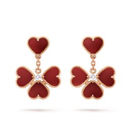 Sweet copy Van Cleef & Arpels Alhambra effeuillage pink gold earrings carnelian round diamond