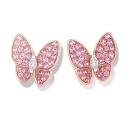 falso Van Cleef & Arpels Farfalla oro rosa Orecchini a chiodo zaffiri rosa tondi e diamanti taglio marquise