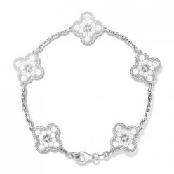 Vintage copy Van Cleef & Arpels Alhambra white gold bracelet 5 motifs round diamonds