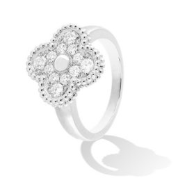 Vintage Nachahmung Van Cleef & Arpels Alhambra Weißes Gold Ring 12 runder Diamant