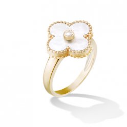 Vintage replica Van Cleef & Arpels Alhambra giallo oro Anello bianco madre-perla con diamante rotondo