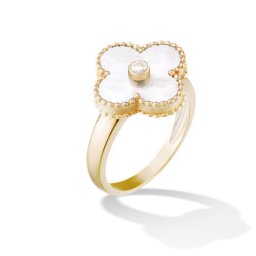 Vintage replica Van Cleef & Arpels Alhambra yellow gold Ring white mother-of-pearl with round diamond