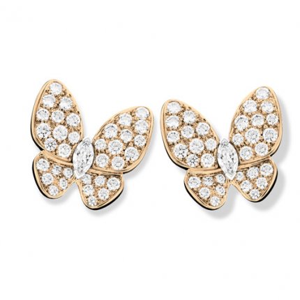 replica Van Cleef & Arpels Butterfly pink gold earstuds round white diamond and marquise-cut diamonds