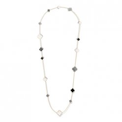 Magic fake Van Cleef & Arpels Alhambra long necklace yellow gold onyx white and gray mother-of-pearl