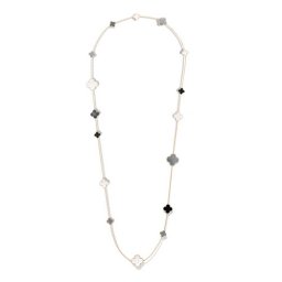 Magic fake Van Cleef & Arpels Alhambra long necklace yellow gold onyx white and gray mother-of-pearl