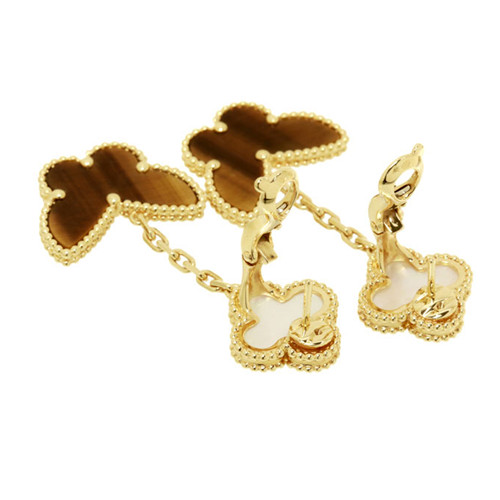 Lucky replica Van Cleef & Arpels Alhambra earstuds yellow gold tiger's eye white mother-of-pearl