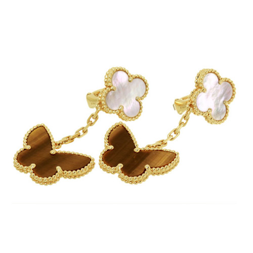 Lucky replica Van Cleef & Arpels Alhambra earstuds yellow gold tiger's eye white mother-of-pearl