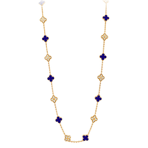 Magic Alhambra replica Van Cleef & Arpels gelbes Gold Halskette Blaue Sèvres-Keramik und Diamant