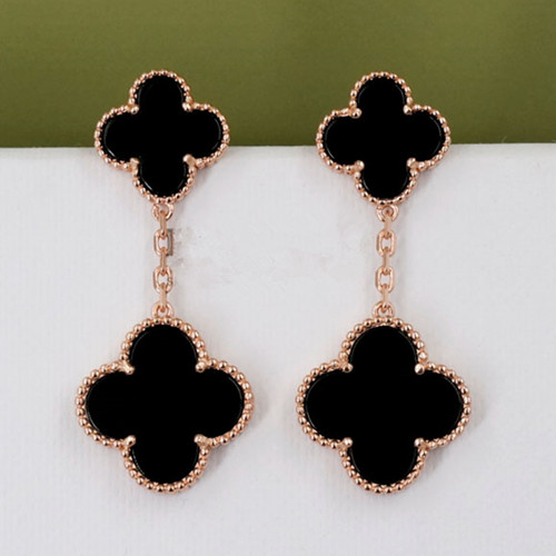 Magic van cleef replica Alhambra pink gold earrings 4 onyx