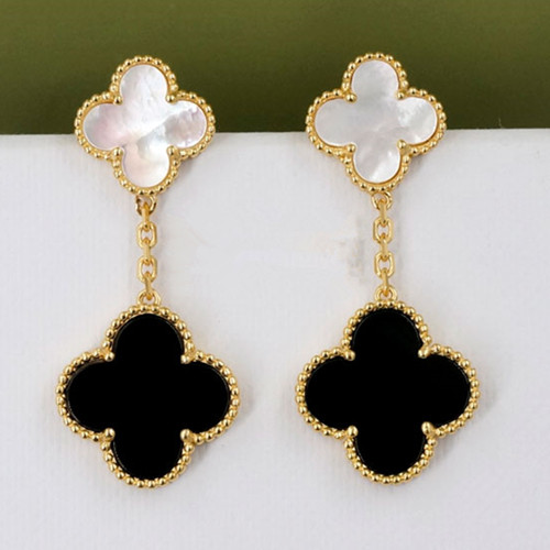 Magic van cleef replica Alhambra yellow gold earrings onyx and white mother-of-pearl