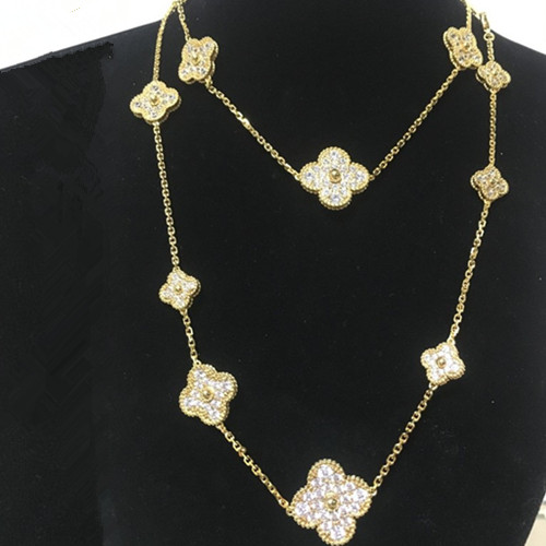 Magic van cleef replica Alhambra yellow gold long necklace round diamonds