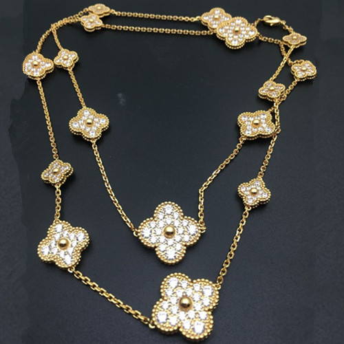 Magic van cleef replica Alhambra yellow gold long necklace round diamonds