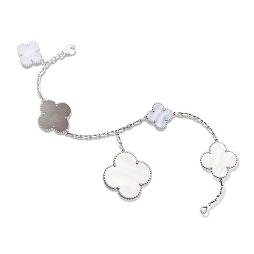 Magic copy Van Cleef & Arpels Alhambra bracelet white gold chalcedony white and gray mother-of-pearl