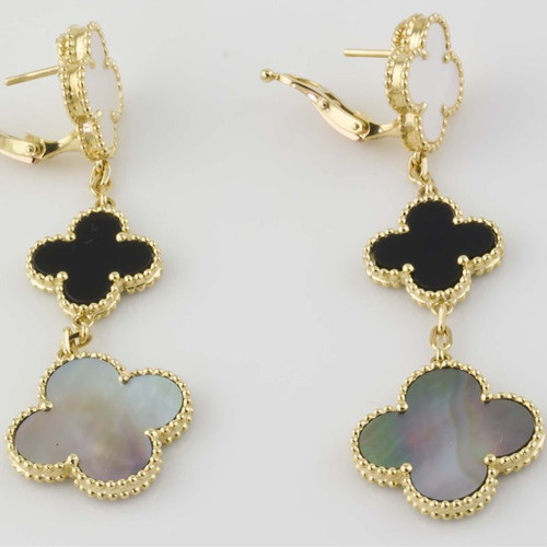 Magic replica Van Cleef & Arpels Alhambra earrings yellow gold onyx white and gray mother-of-pearl