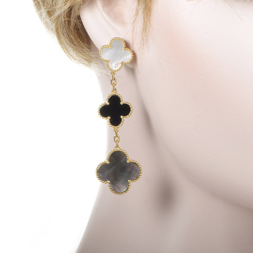 Magic replica Van Cleef & Arpels Alhambra earrings yellow gold onyx white and gray mother-of-pearl
