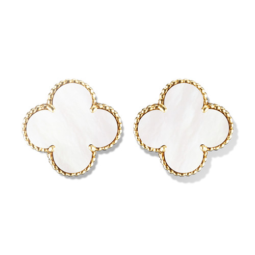 Lucky Alhambra earrings, 2 motifs 18K yellow gold, Mother-of-pearl